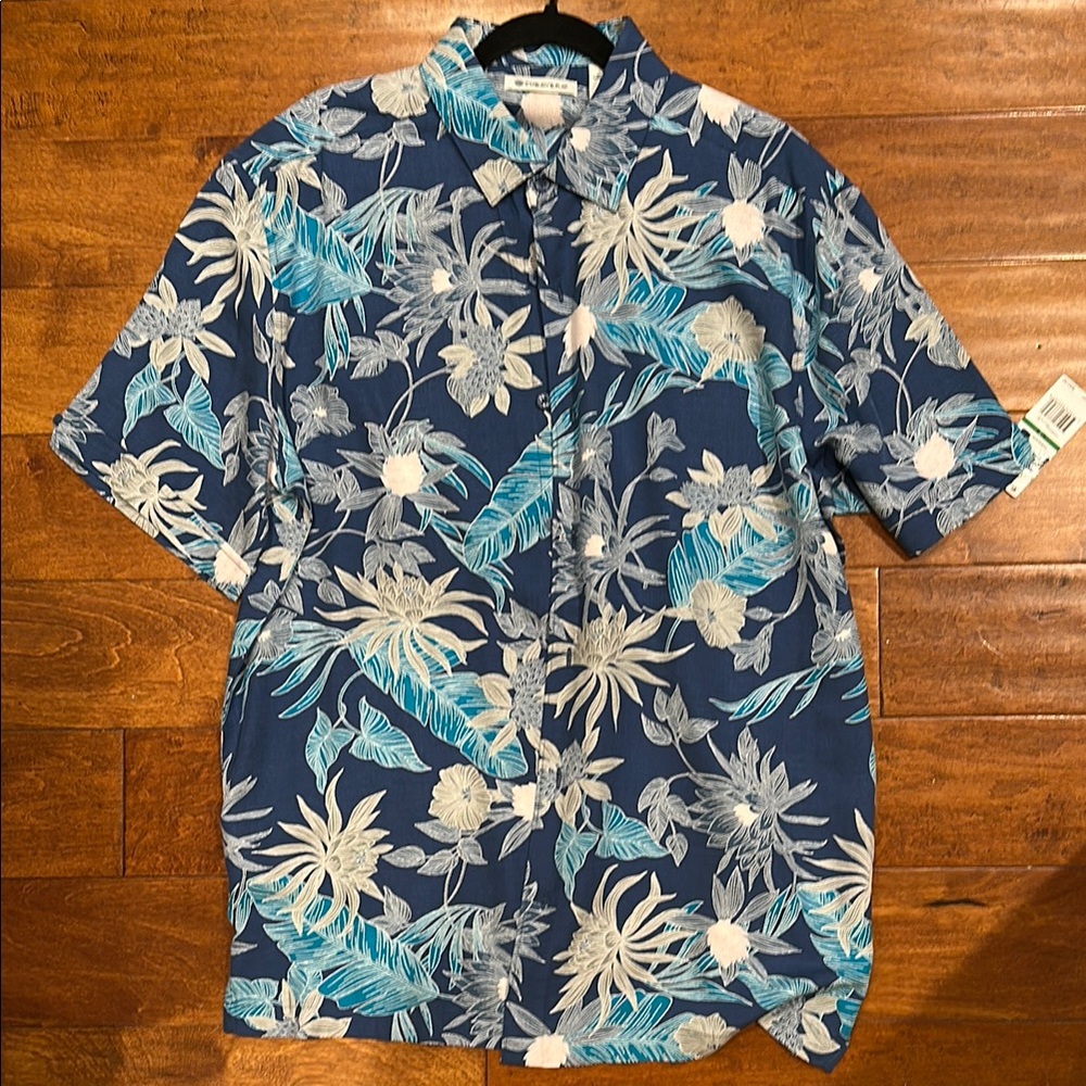 Cubavera Navy and Aqua Floral Button Down Shirt